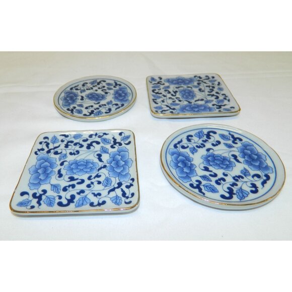 Set Of 4 Blue & White Ceramic Asian Mini Plates, Chili Oil Vinegar Butter Votive - Picture 2 of 14